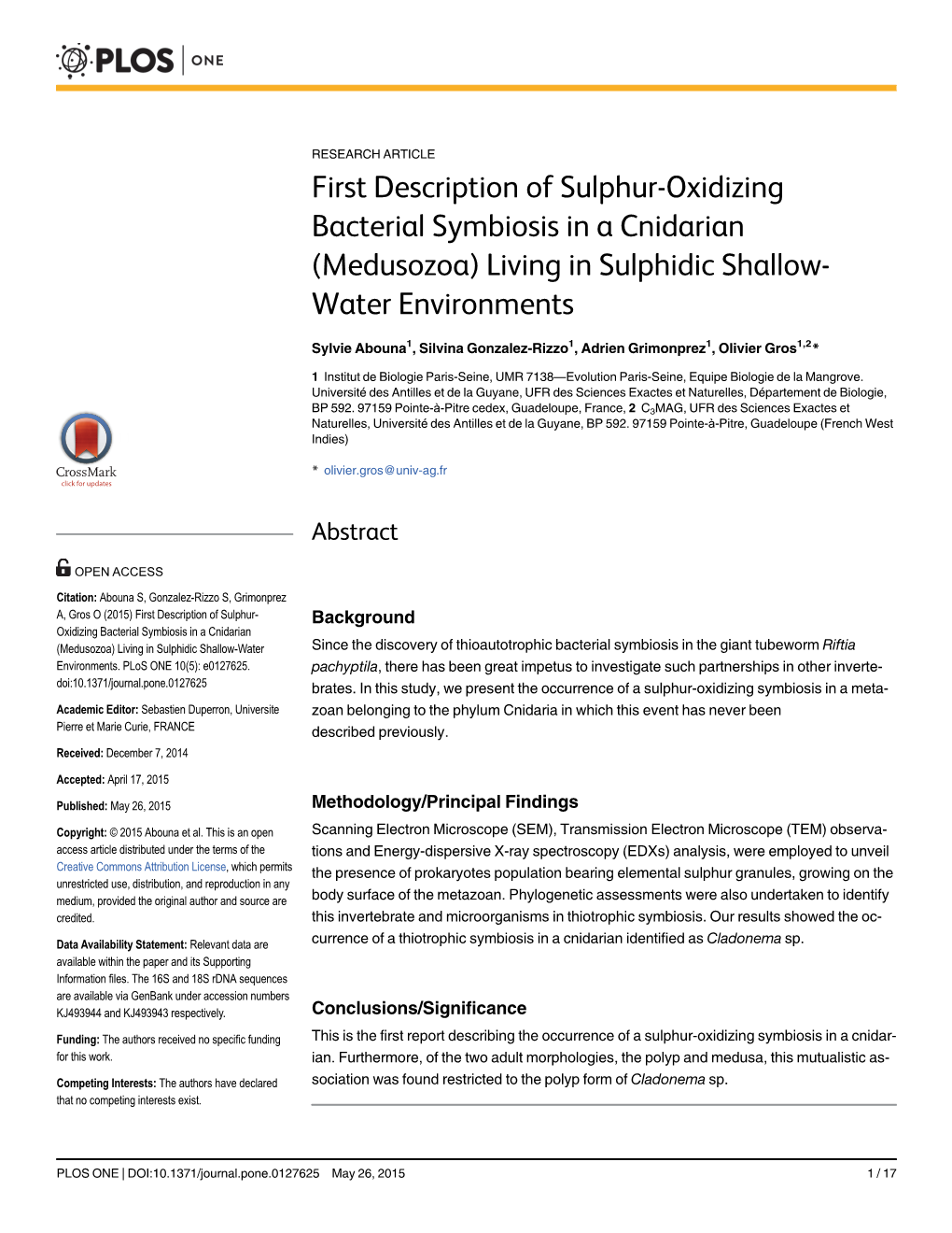 First Description of Sulphur-Oxidizing Bacterial Symbiosis in a Cnidarian (Medusozoa) Living in Sulphidic Shallow-Water Environm