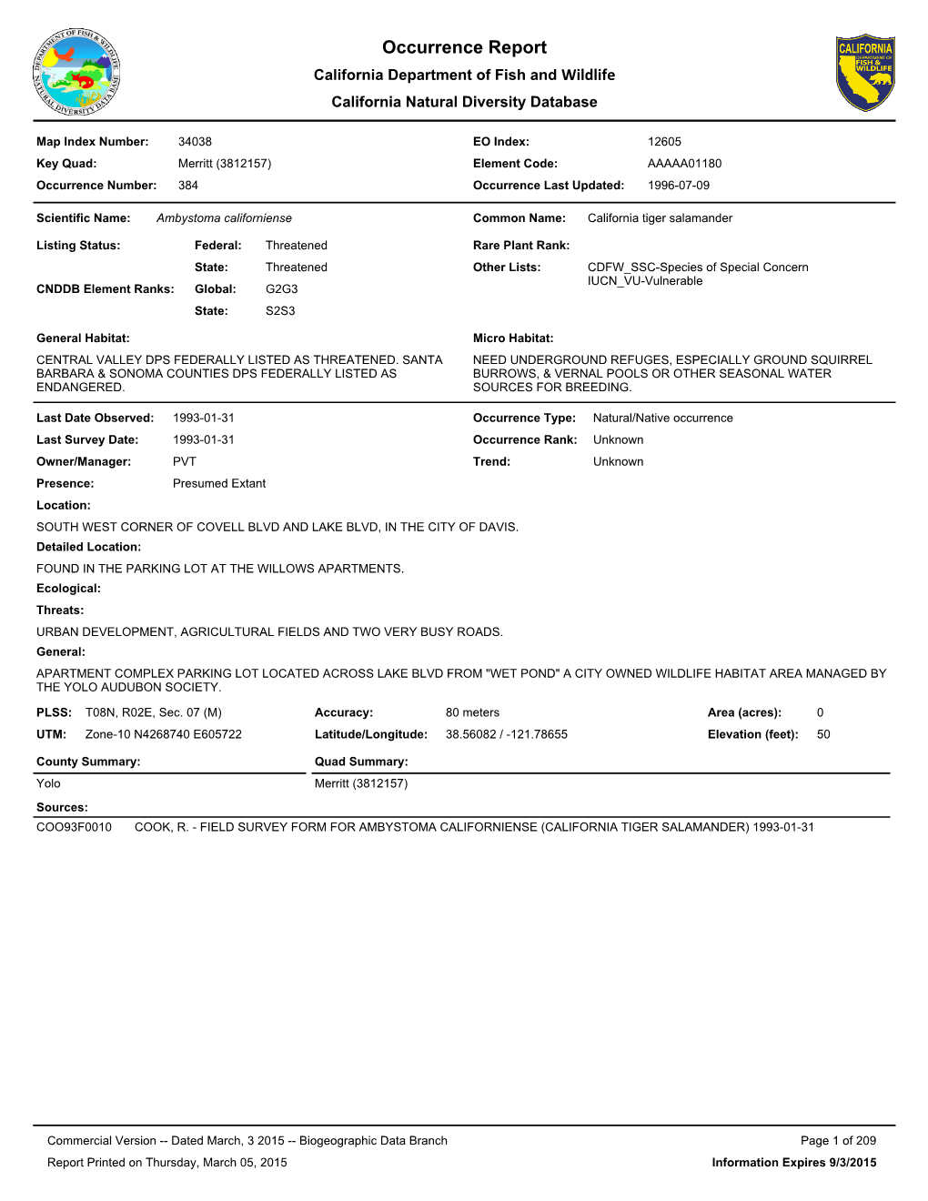 Occurrence Report California Department of Fish and Wildlife California Natural Diversity Database