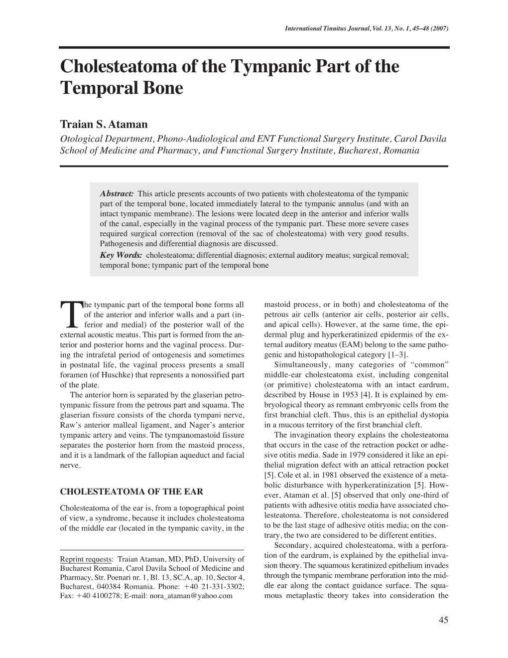 Cholesteatoma of the Tympanic Part of the Temporal Bone