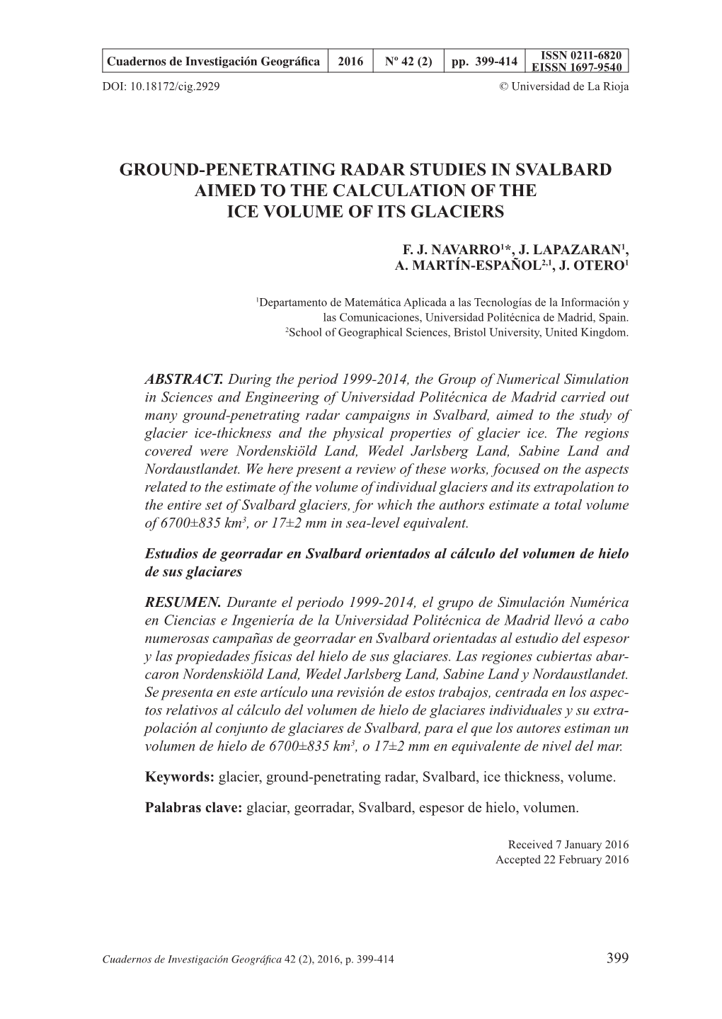 Ground-Penetrating Radar Studies in Svalbard Aimed to the Calculation of the Ice Volume of Its Glaciers