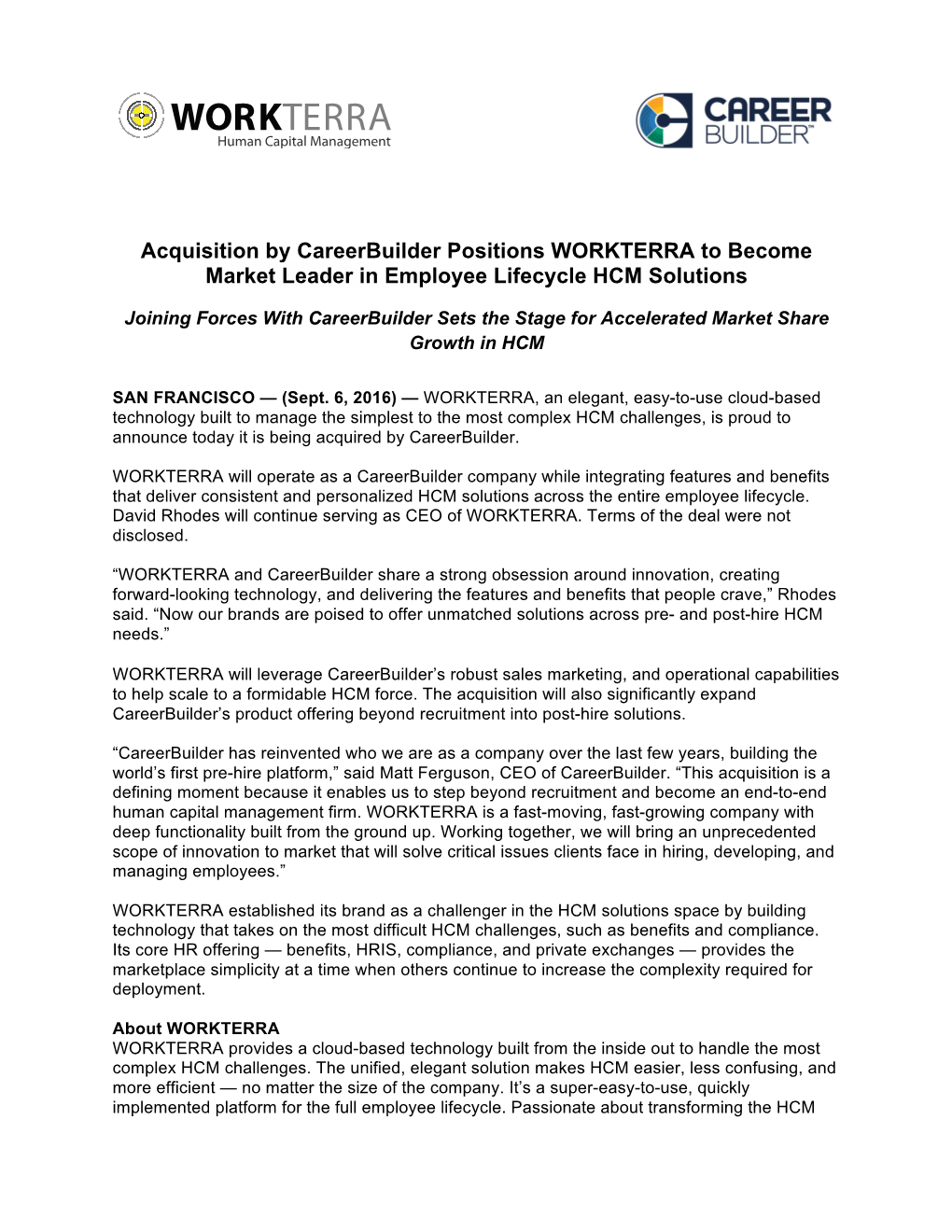 Acquisition by Careerbuilder Positions WORKTERRA to Become Market Leader in Employee Lifecycle HCM Solutions