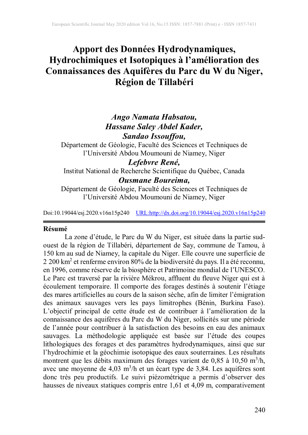 Apport Des Données Hydrodynamiques, Hydrochimiques Et Isotopiques À L’Amélioration Des Connaissances Des Aquifères Du Parc Du W Du Niger, Région De Tillabéri