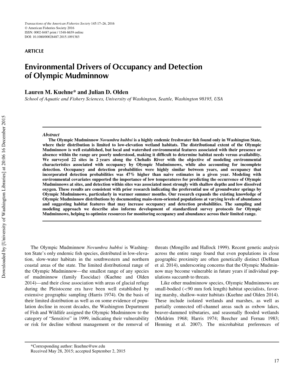 Environmental Drivers of Occupancy and Detection of Olympic Mudminnow