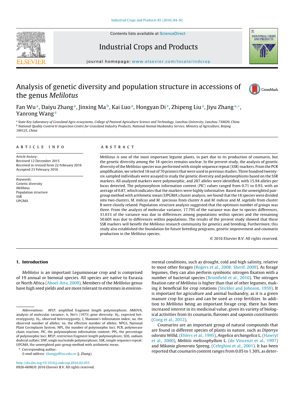 Analysis of Genetic Diversity and Population Structure in Accessions of the Genus Melilotus