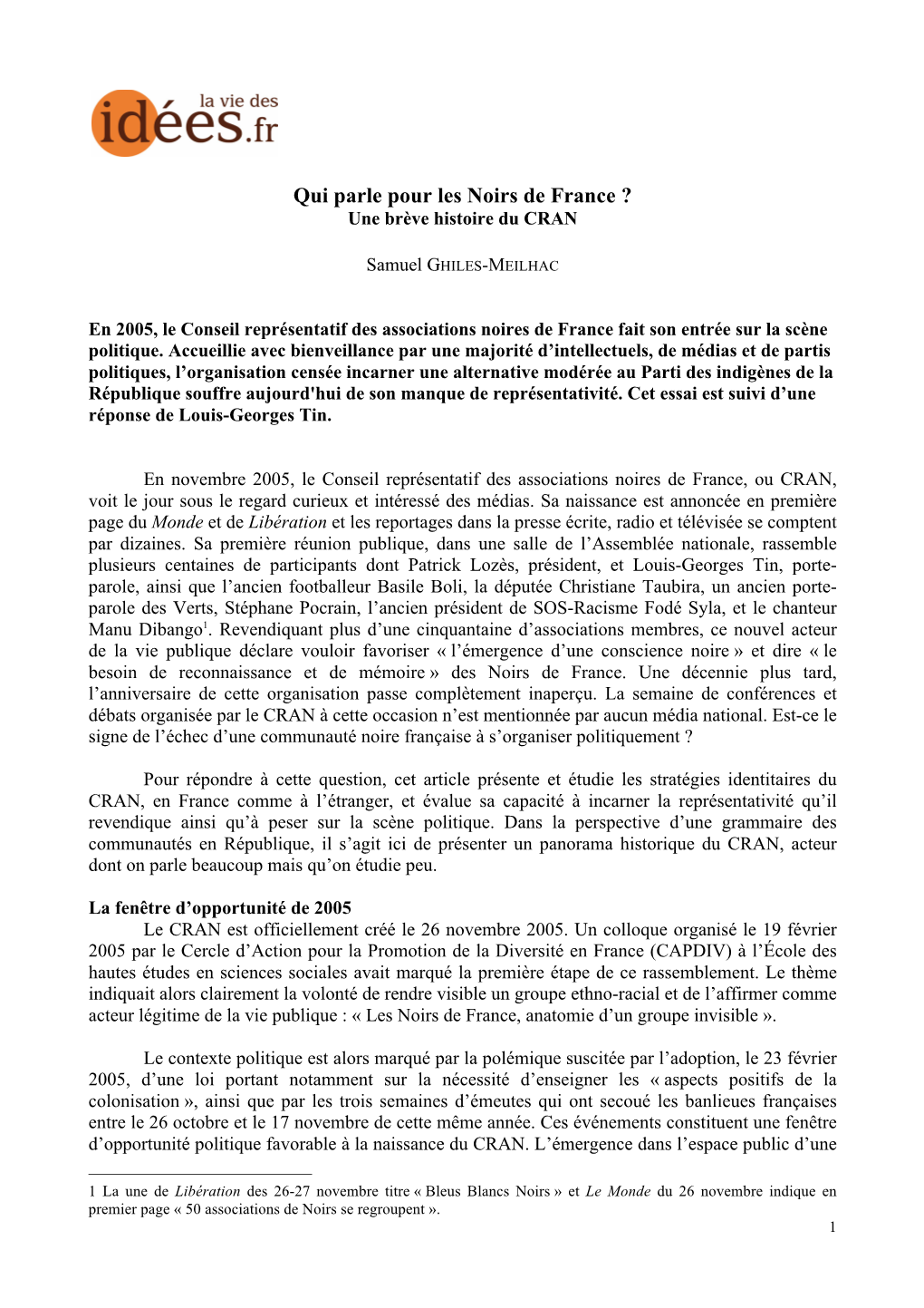 Qui Parle Pour Les Noirs De France ? Une Brève Histoire Du CRAN