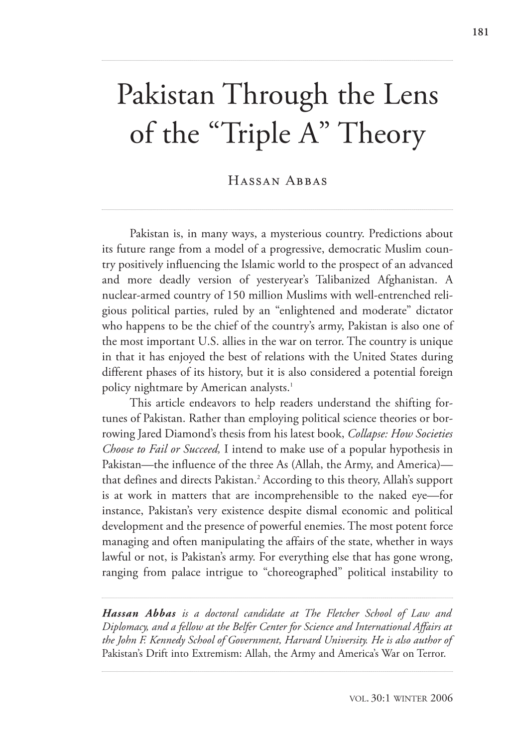 Pakistan Through the Lens of the “Triple A” Theory