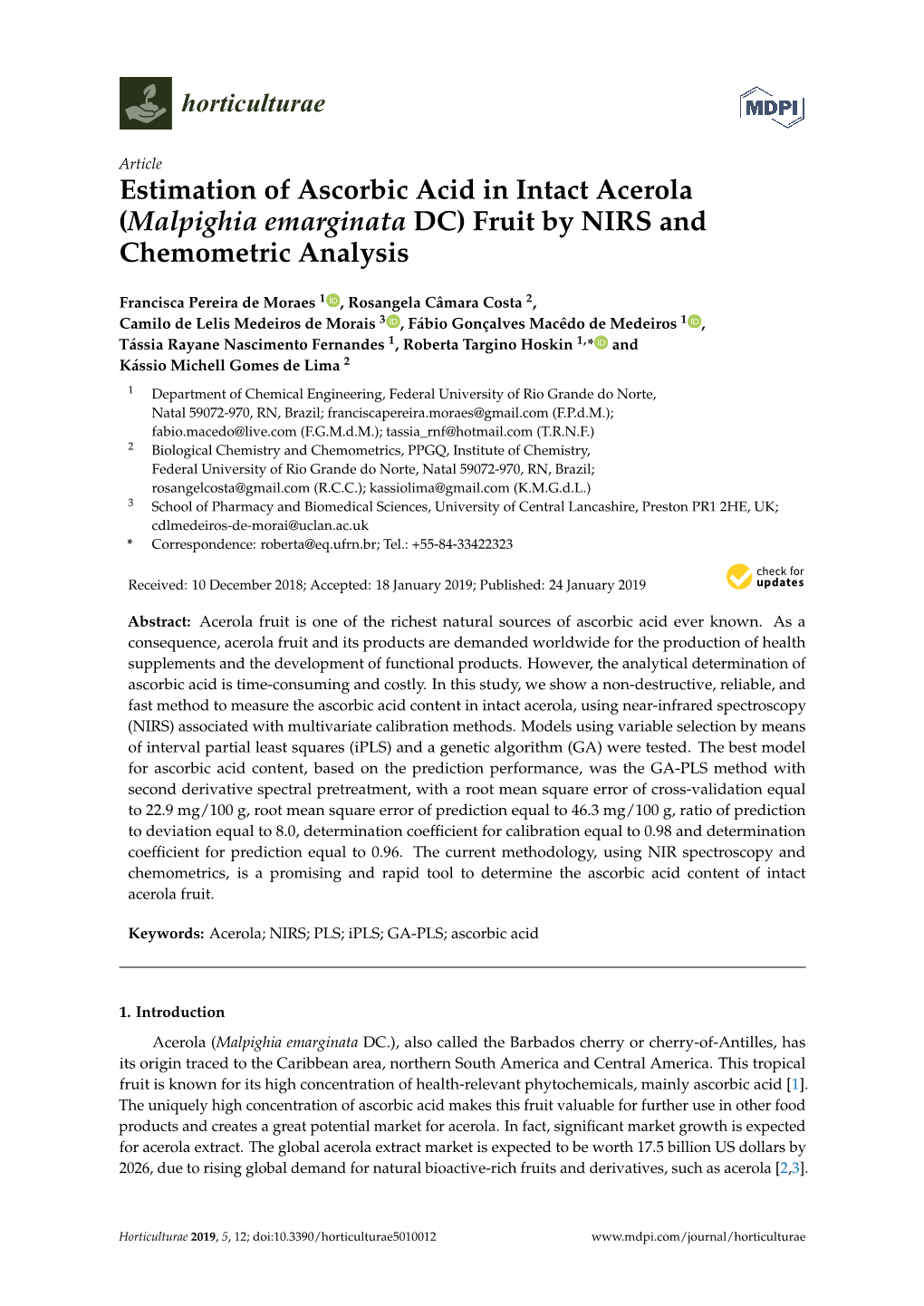 Estimation of Ascorbic Acid in Intact Acerola (Malpighia Emarginata DC) Fruit by NIRS and Chemometric Analysis