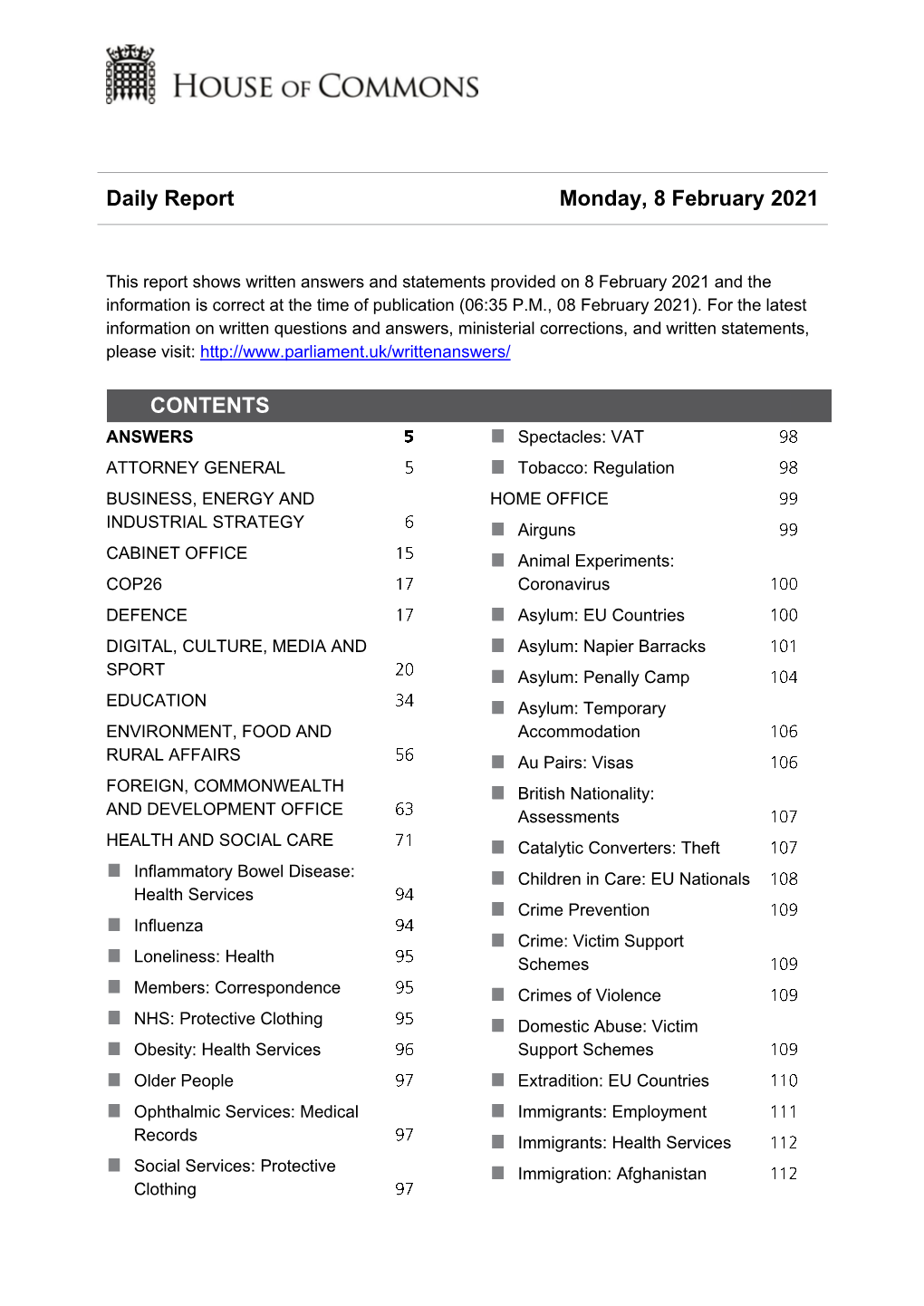 Daily Report Monday, 8 February 2021 CONTENTS