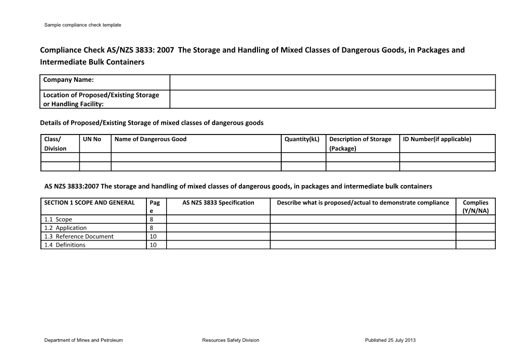 AS3833 Sample Compliance Check Template