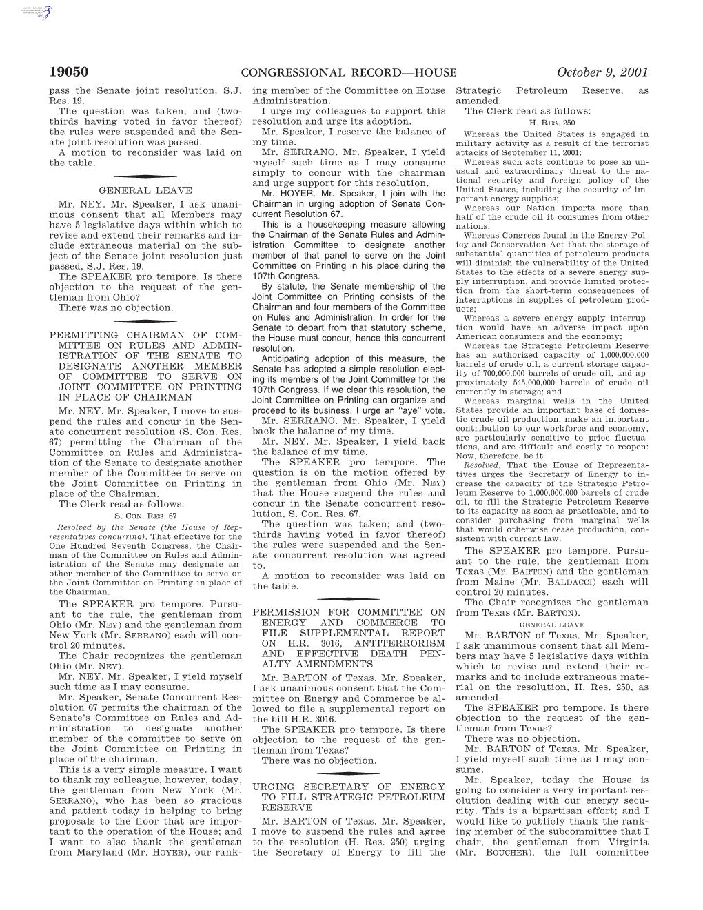 CONGRESSIONAL RECORD—HOUSE October 9, 2001 Pass the Senate Joint Resolution, S.J