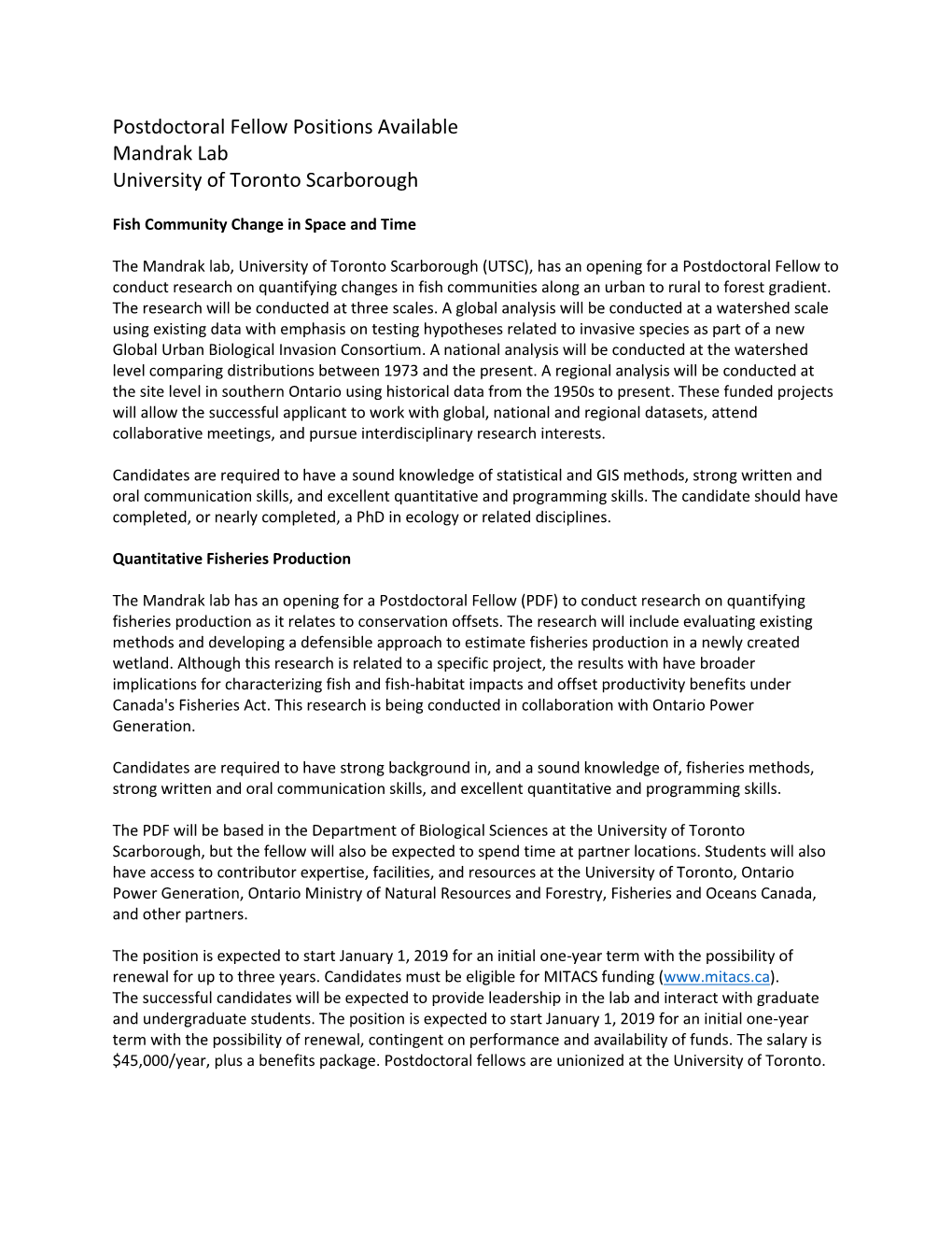 Postdoctoral Fellow Positions Available Mandrak Lab University of Toronto Scarborough