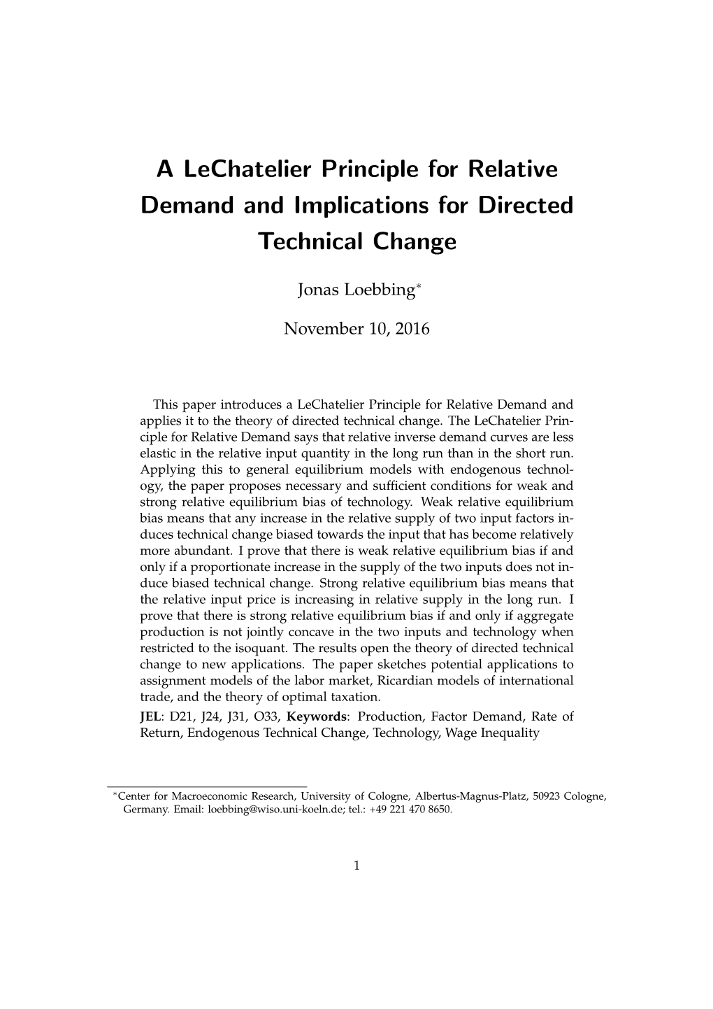 A Lechatelier Principle for Relative Demand and Implications for Directed Technical Change