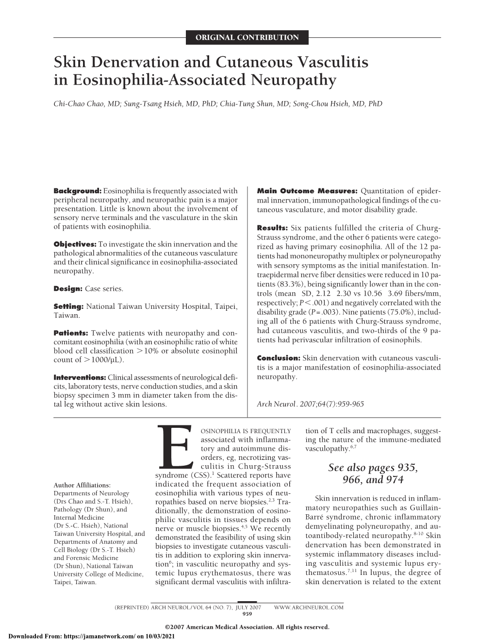 Skin Denervation and Cutaneous Vasculitis in Eosinophilia-Associated Neuropathy