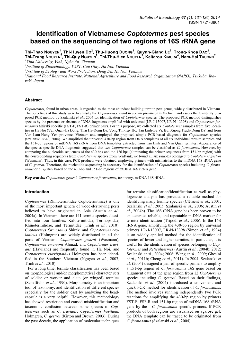 Identification of Vietnamese Coptotermes Pest Species Based on the Sequencing of Two Regions of 16S Rrna Gene