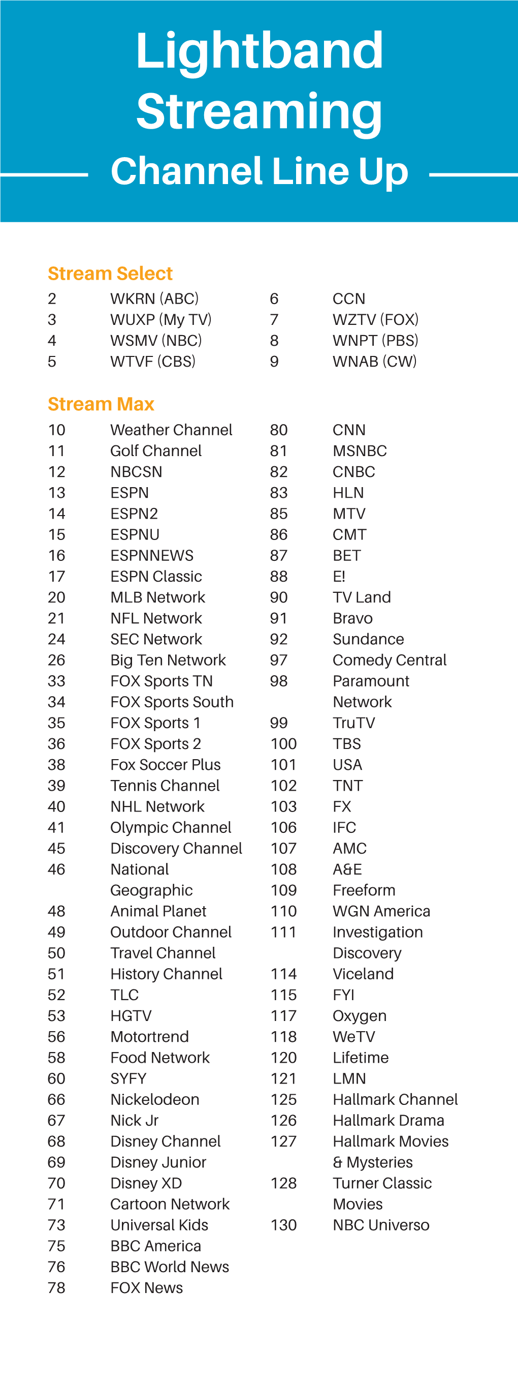 Lightband Streaming Channel Line Up