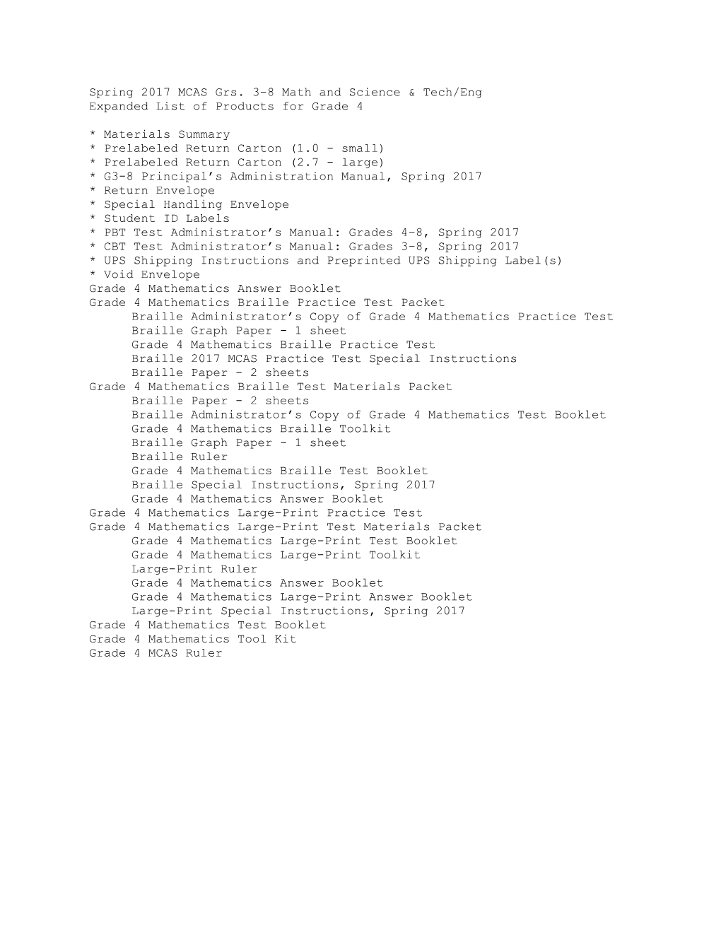 Spring 2017 MCAS Grade 4 Math Products