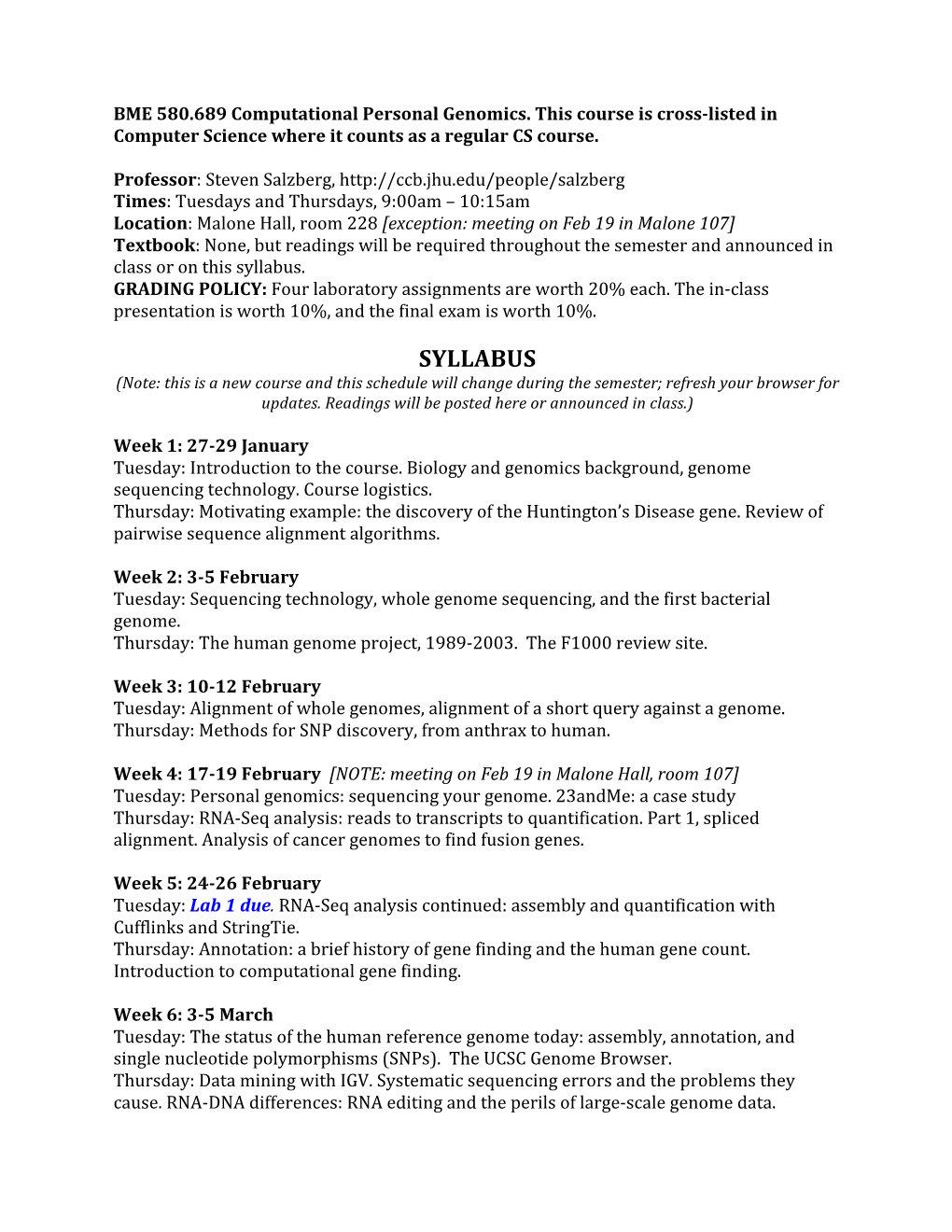 BME 580.689 Computational Personal Genomics. This Course Is Cross-Listed in Computer Science Where It Counts As a Regular CS Course