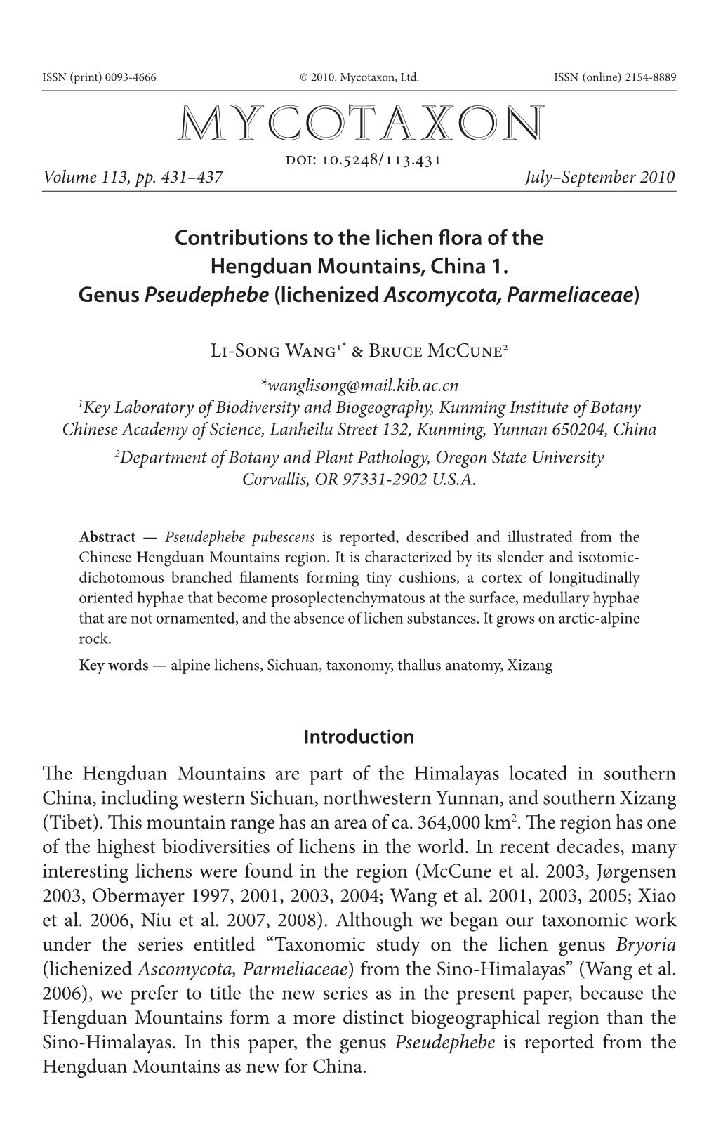 Contributions to the Lichen Flora of the Hengduan Mountains, China 1