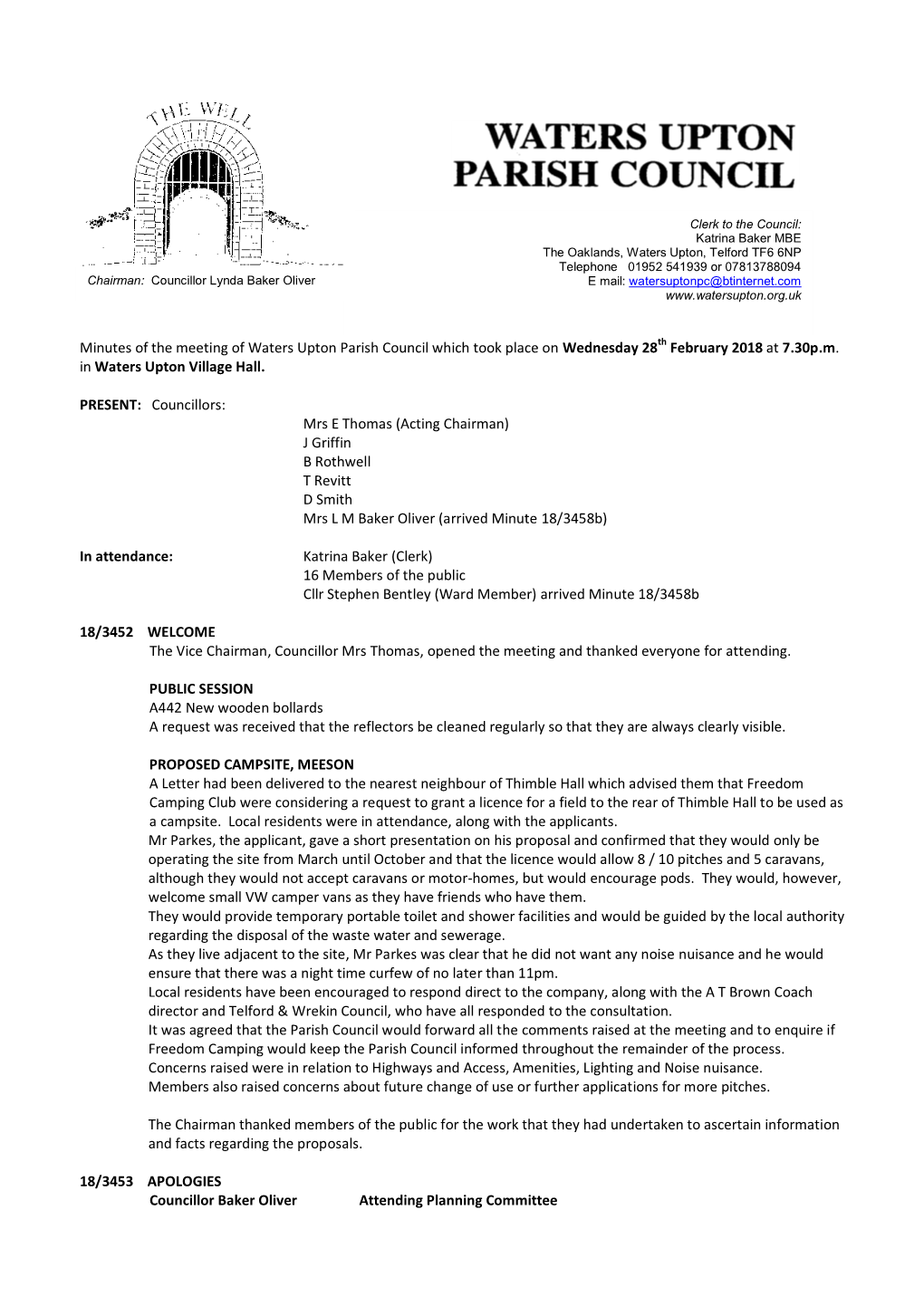 Minutes of the Meeting of Waters Upton Parish Council Which Took Place on Wednesday 28Th February 2018 at 7.30P.M