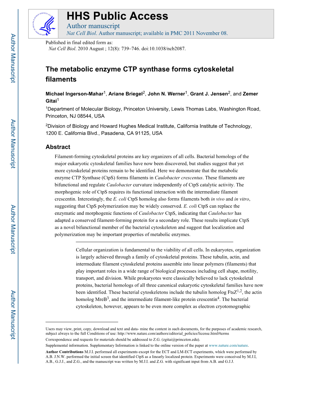 The Metabolic Enzyme CTP Synthase Forms Cytoskeletal Filaments