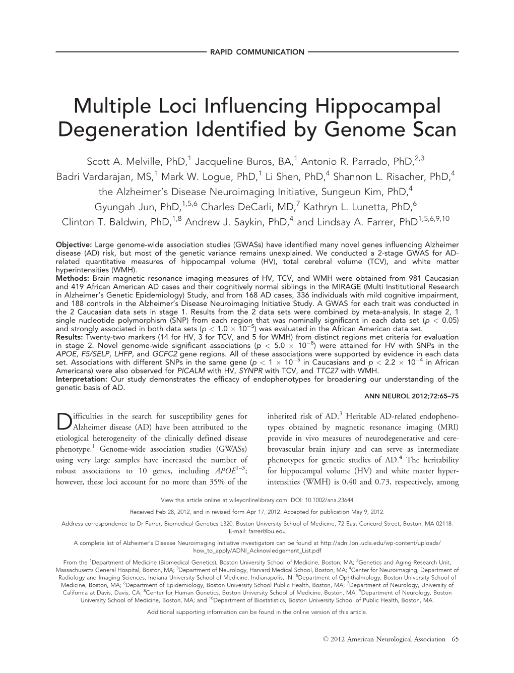 Multiple Loci Influencing Hippocampal Degeneration Identified by Genome Scan