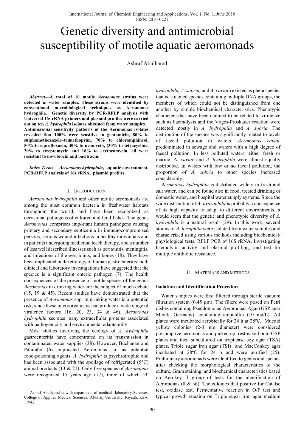 Genetic Diversity and Antimicrobial Susceptibility of Motile Aquatic