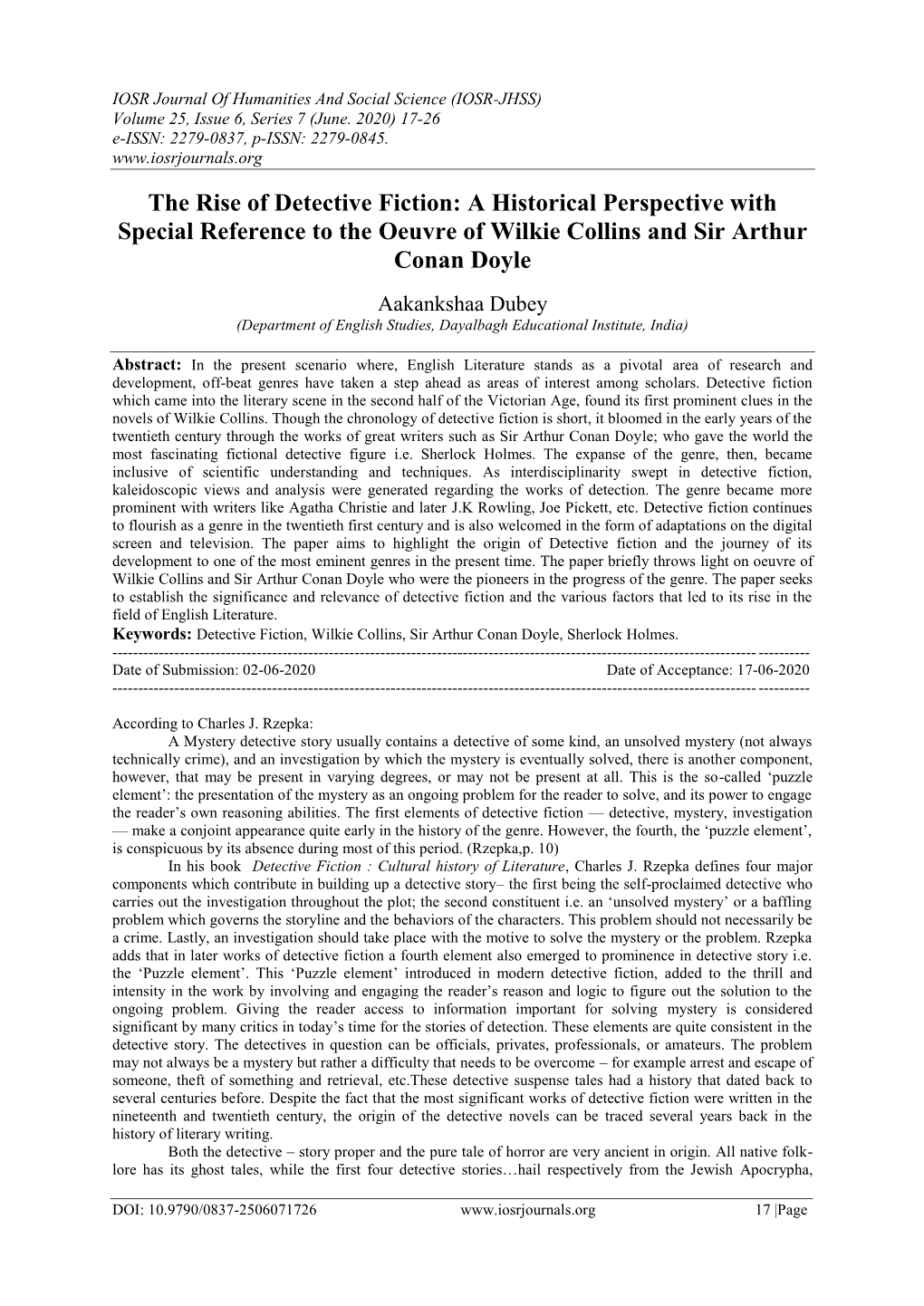 The Rise of Detective Fiction: a Historical Perspective with Special Reference to the Oeuvre of Wilkie Collins and Sir Arthur Conan Doyle