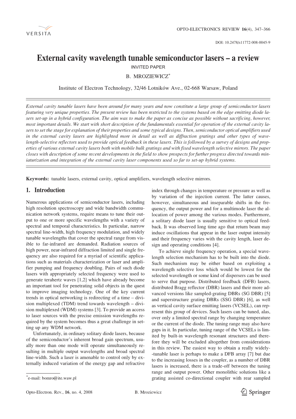 External Cavity Wavelength Tunable Semiconductor Lasers – a Review