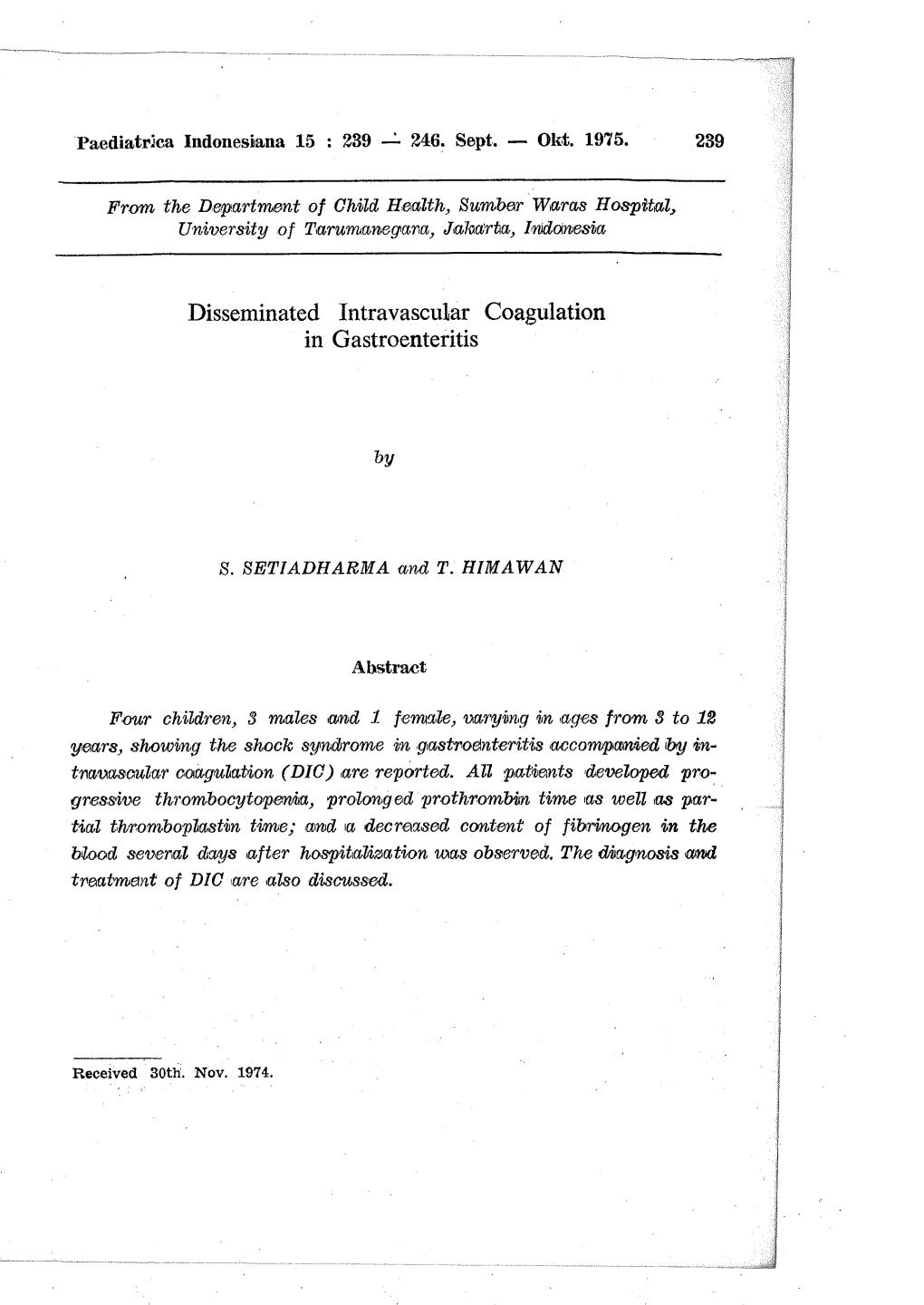 Disseminated Intravascular Coagulation in Gastroenteritis