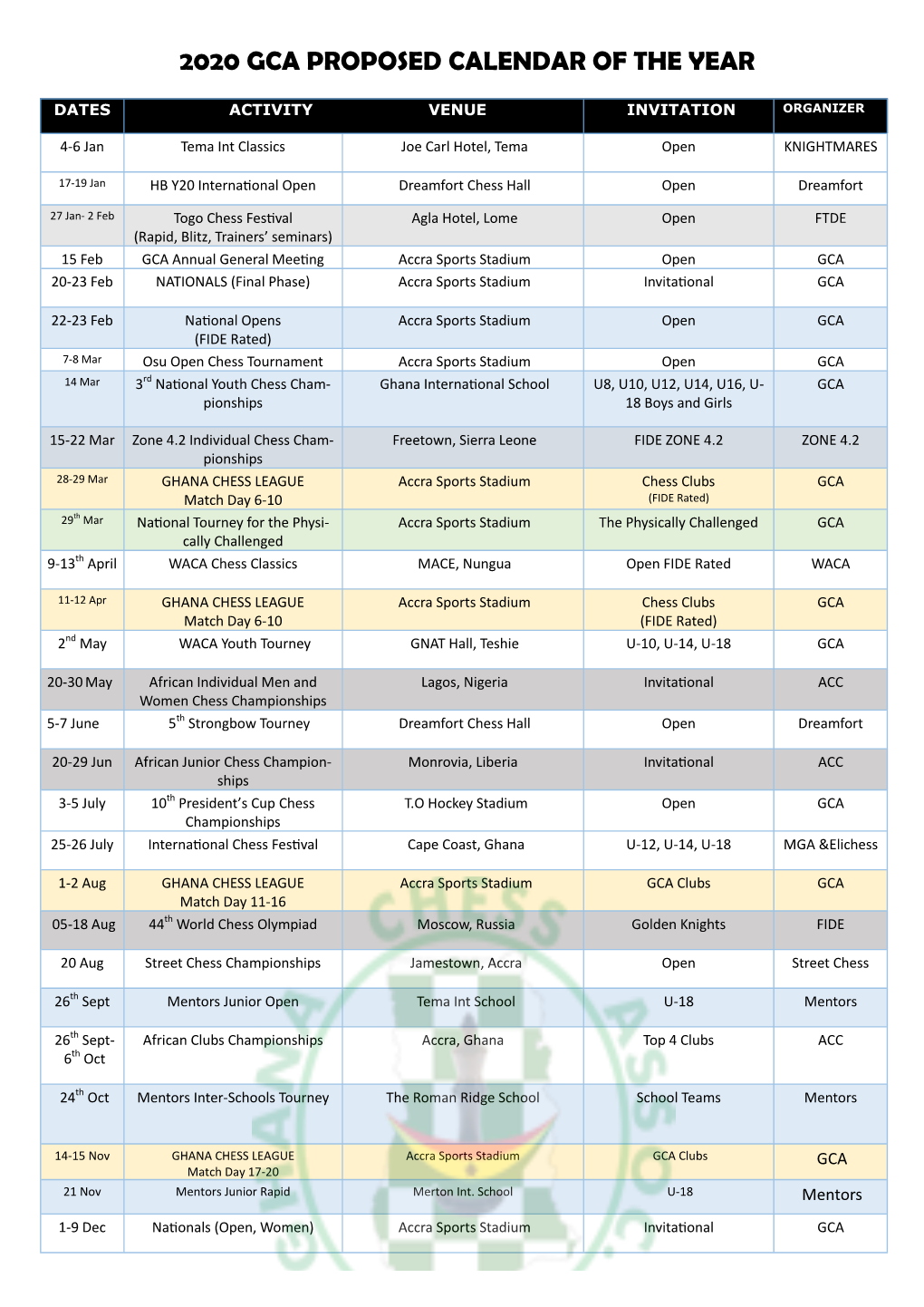 2020 Gca Proposed Calendar of the Year