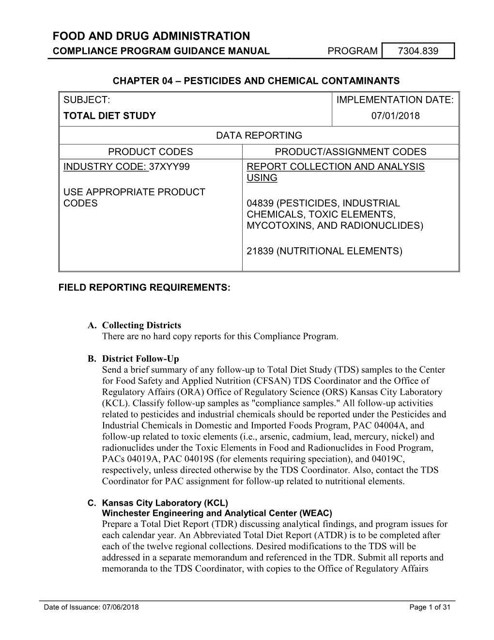 CP 7304.839, Total Diet Study Compliance Program