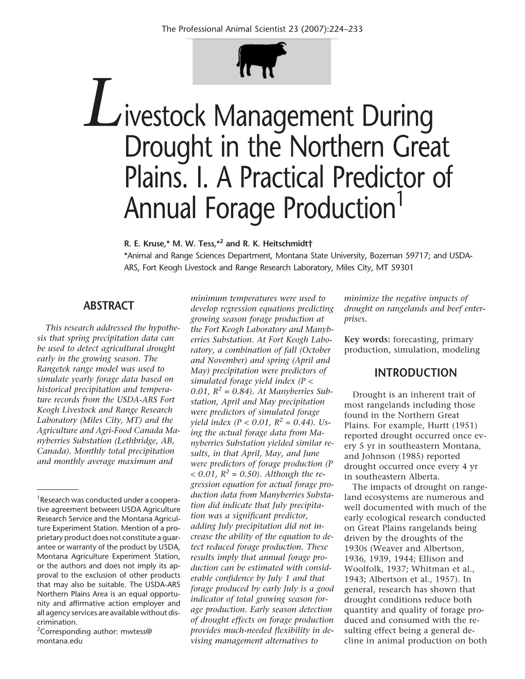 Livestock Management During Drought in the Northern Great Plains. I. a Practical Predictor of Annual Forage Production1