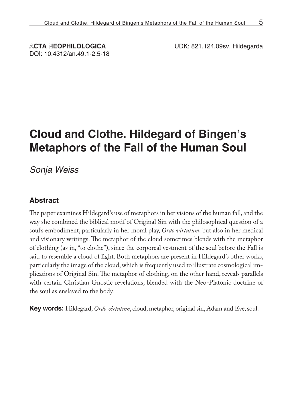 Cloud and Clothe. Hildegard of Bingen's Metaphors of the Fall Of