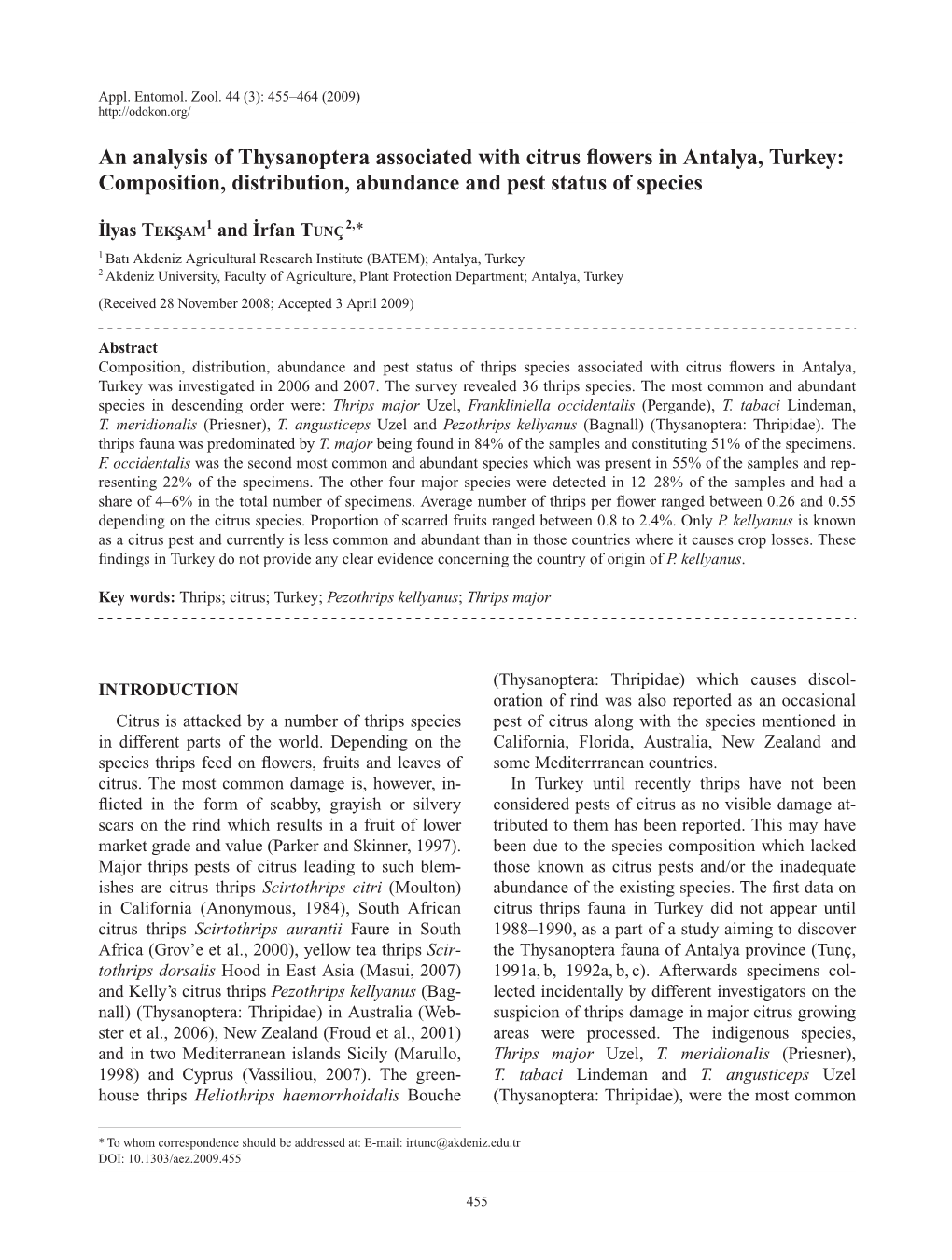 An Analysis of Thysanoptera Associated with Citrus Flowers in Antalya, Turkey