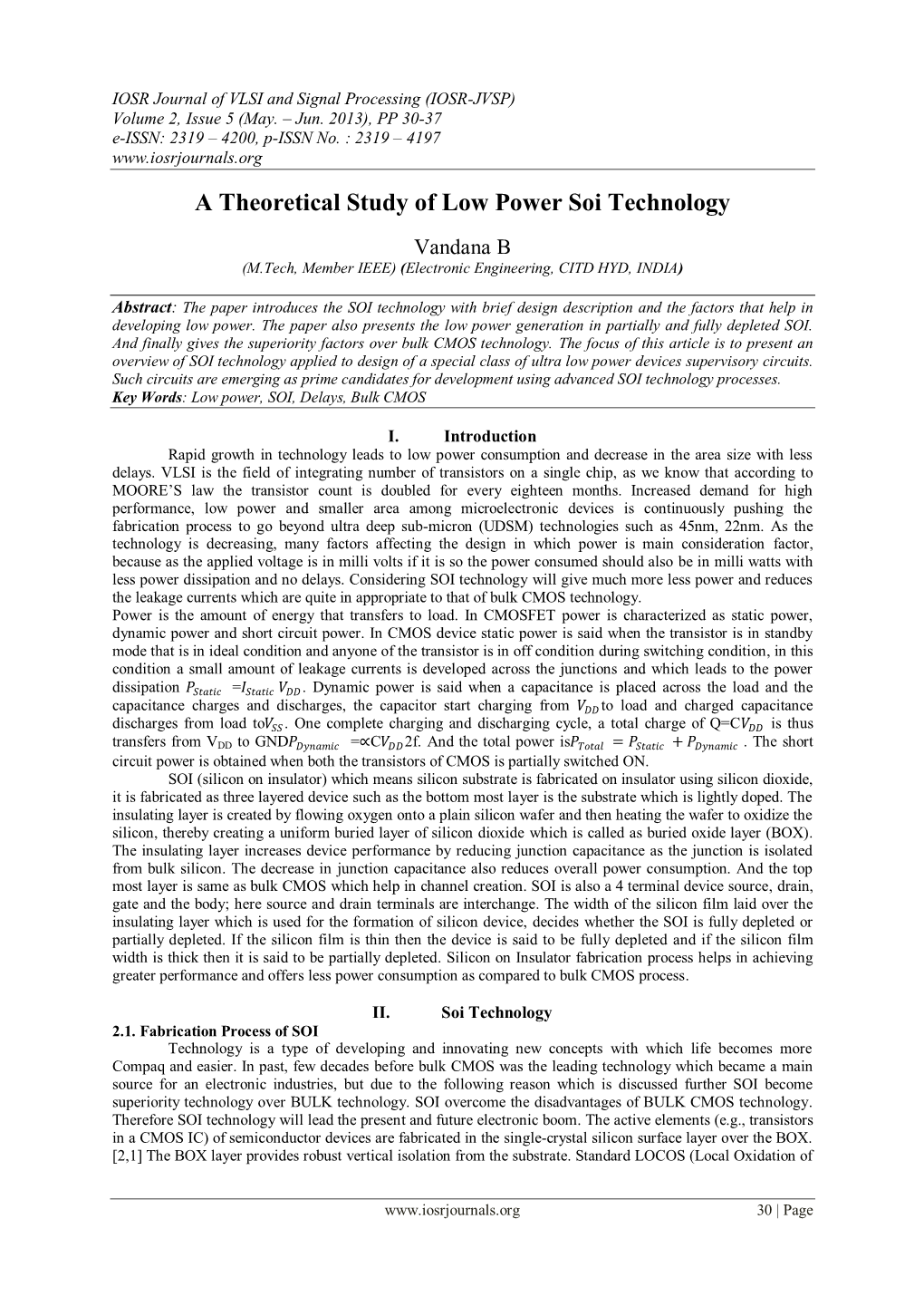 A Theoretical Study of Low Power Soi Technology