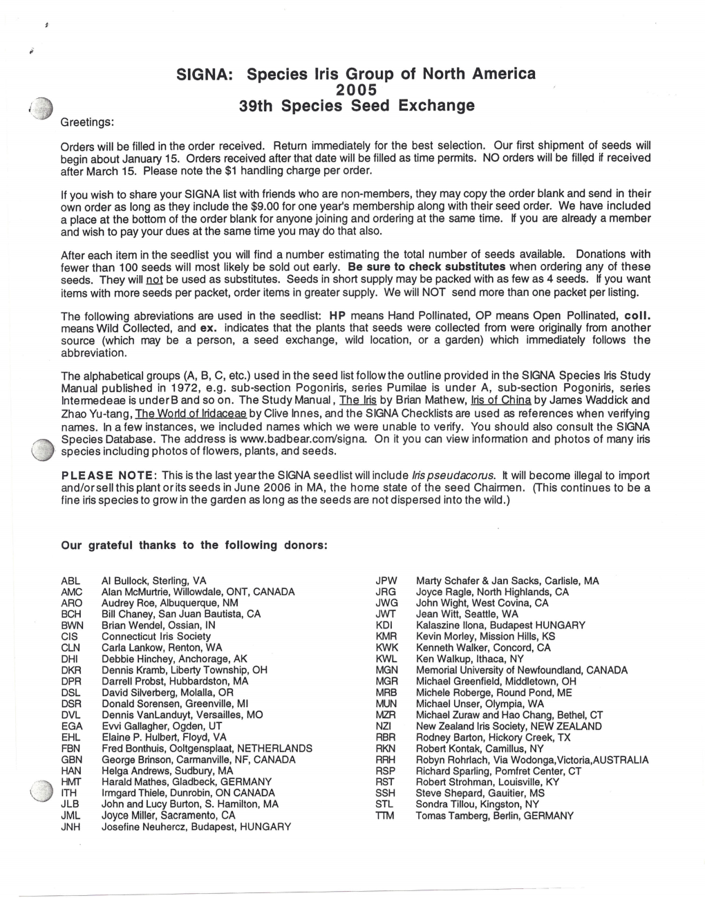 SIGNA: Species Iris Group of North America 2005 39Th Species Seed