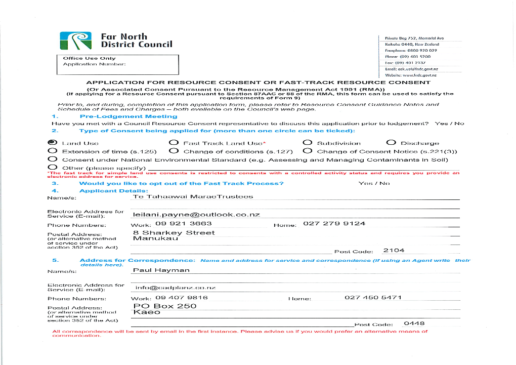 Resource Consent Application for Land Use for Te Tahaawai Marae