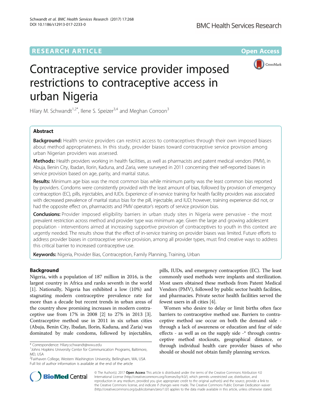 Contraceptive Service Provider Imposed Restrictions to Contraceptive Access in Urban Nigeria Hilary M