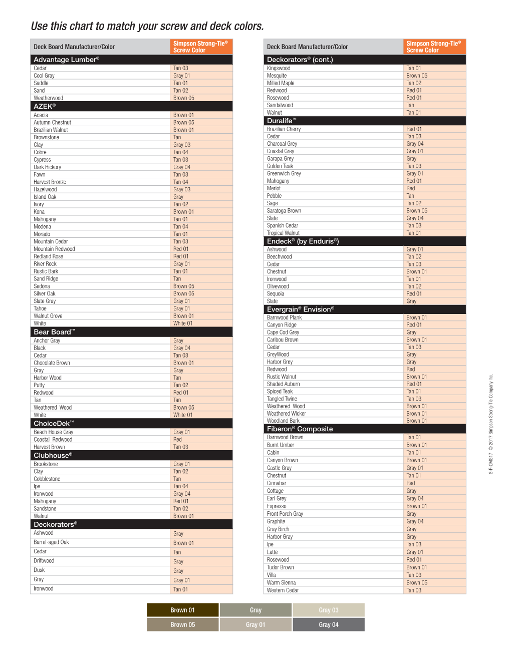 Use This Chart to Match Your Screw and Deck Colors