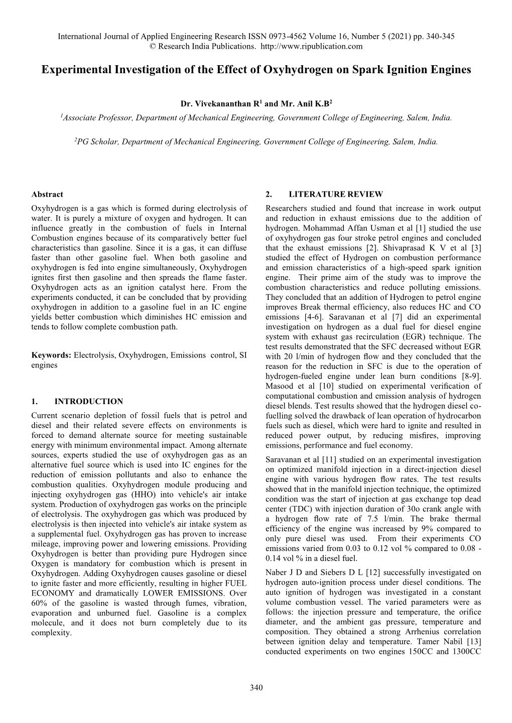 Experimental Investigation of the Effect of Oxyhydrogen on Spark Ignition Engines