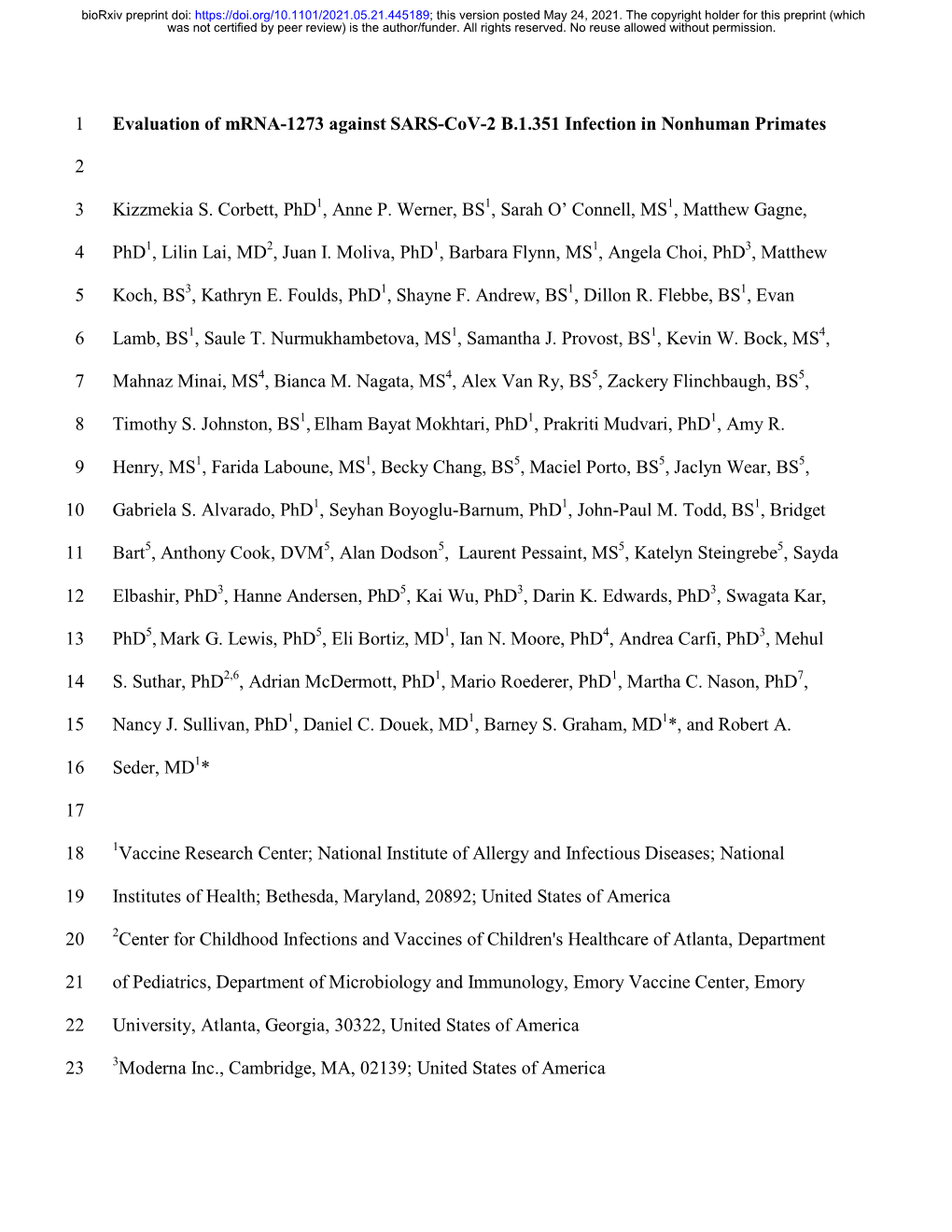 Evaluation of Mrna-1273 Against SARS-Cov-2 B.1.351 Infection in Nonhuman Primates 1 2 Kizzmekia S. Corbett, Phd , Anne P. Werner