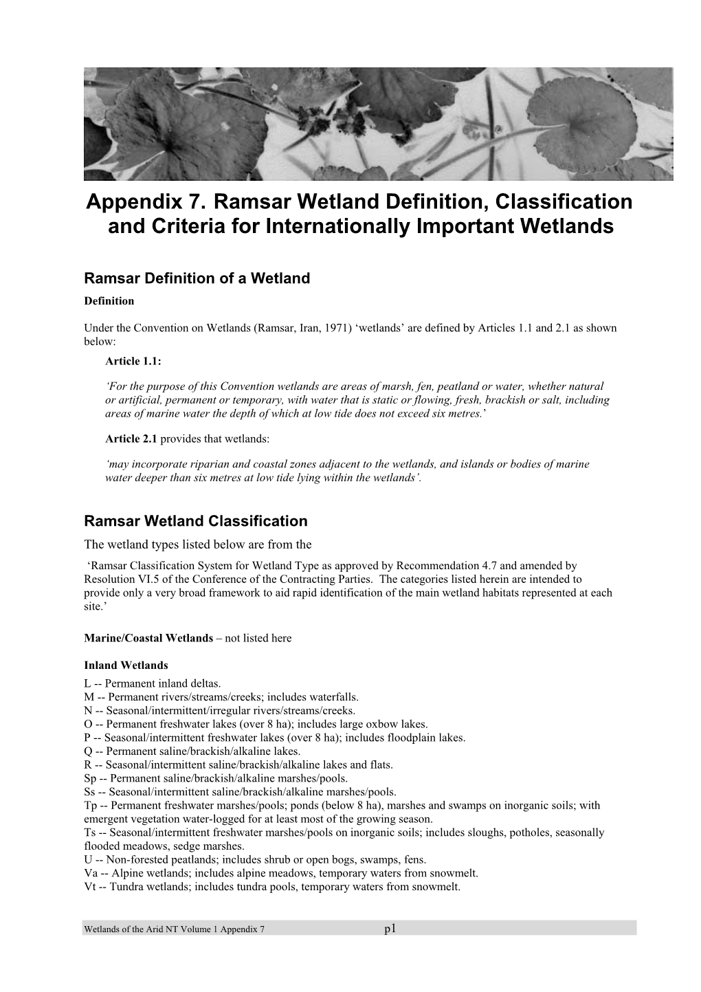 Appendix 7. Ramsar Wetland Definition, Classification and Criteria for Internationally Important Wetlands