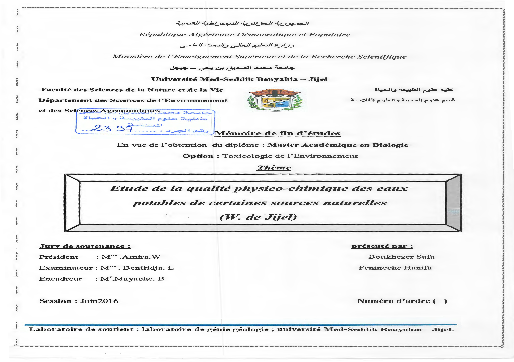 Etude De La Qualité Physico-Chimique Des Eaux Potables De Certaines Sources Naturelles (W