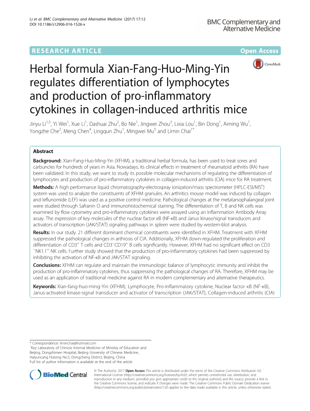 Herbal Formula Xian-Fang-Huo-Ming-Yin Regulates