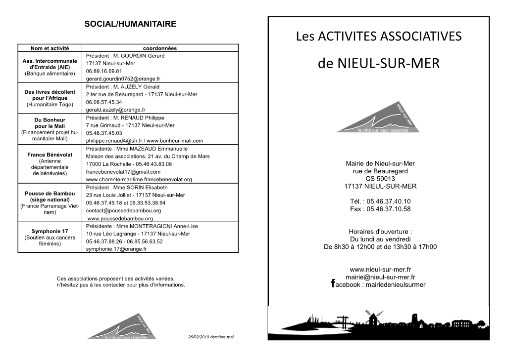 Les ACTIVITES ASSOCIATIVES Nom Et Activité Coordonnées Président : M