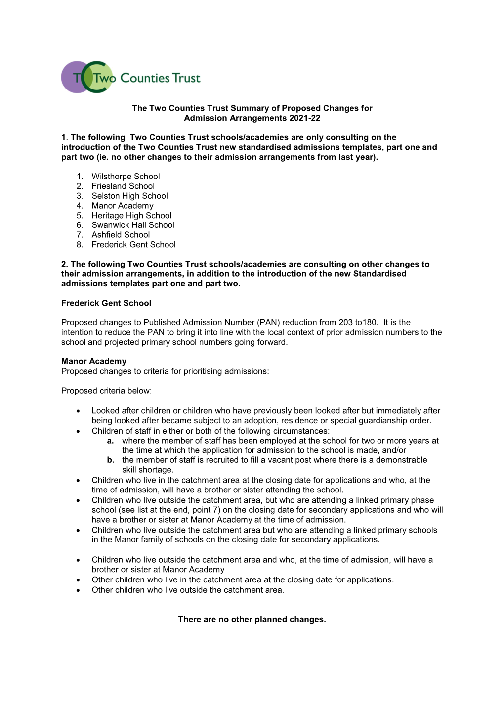 The Two Counties Trust Summary of Proposed Changes for Admission Arrangements 2021-22 1. the Following Two Counties Trust Scho