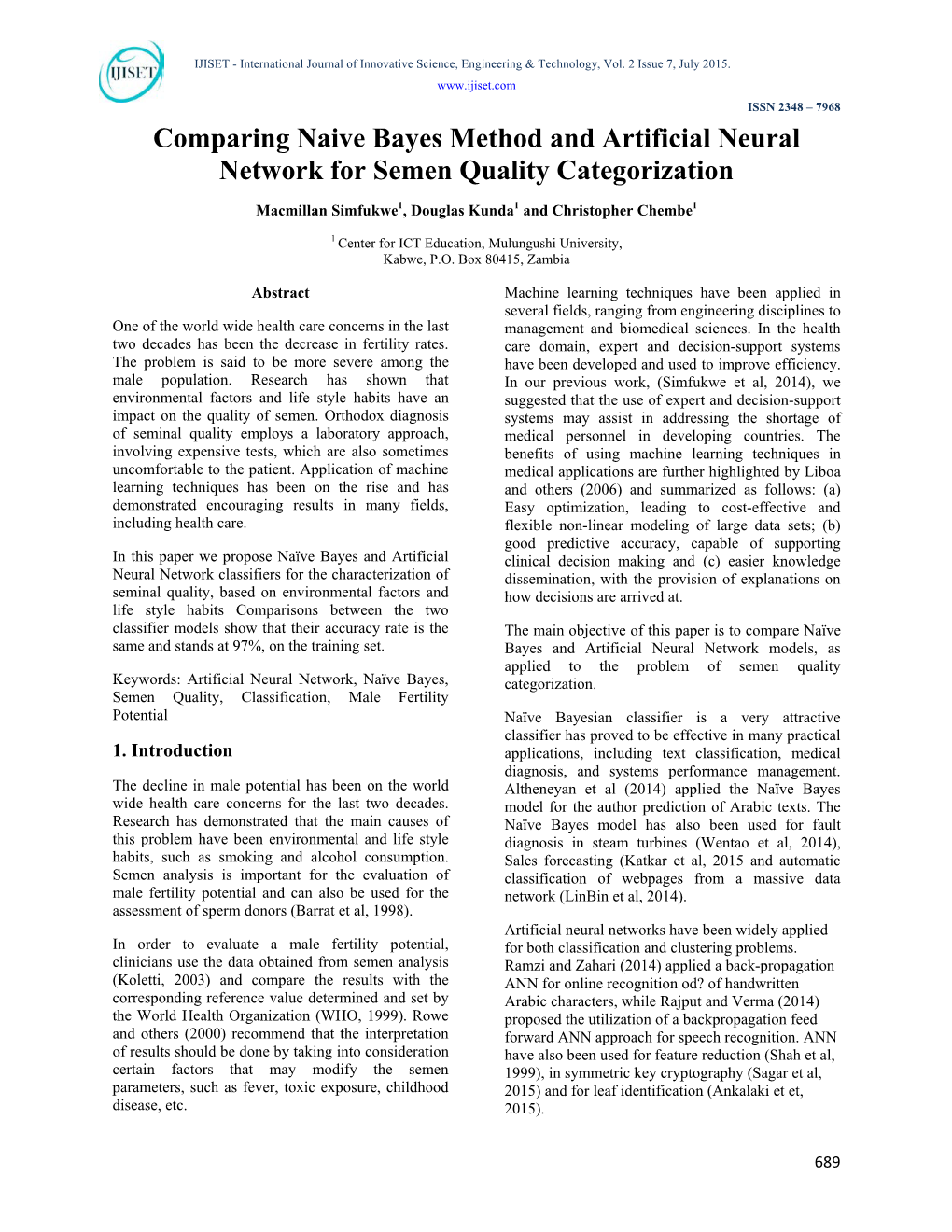 Comparing Naive Bayes Method and Artificial Neural Network for Semen Quality Categorization