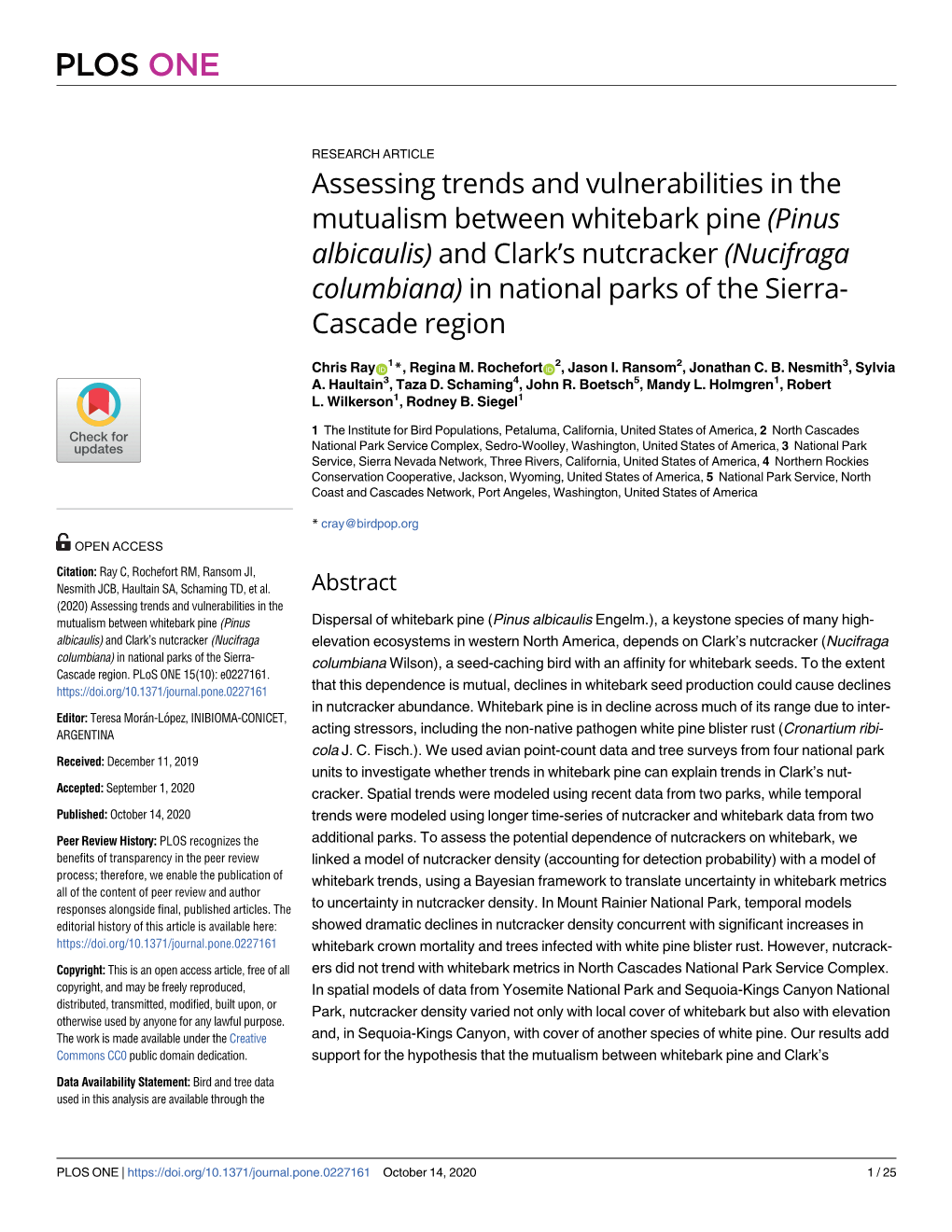 Assessing Trends and Vulnerabilities in the Mutualism Between Whitebark