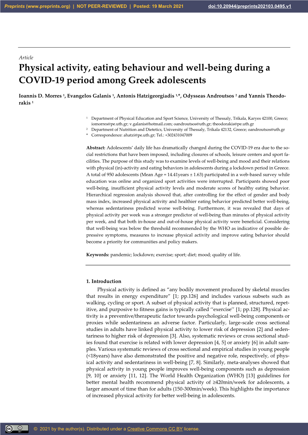 Physical Activity, Eating Behaviour and Well-Being During a COVID-19 Period Among Greek Adolescents
