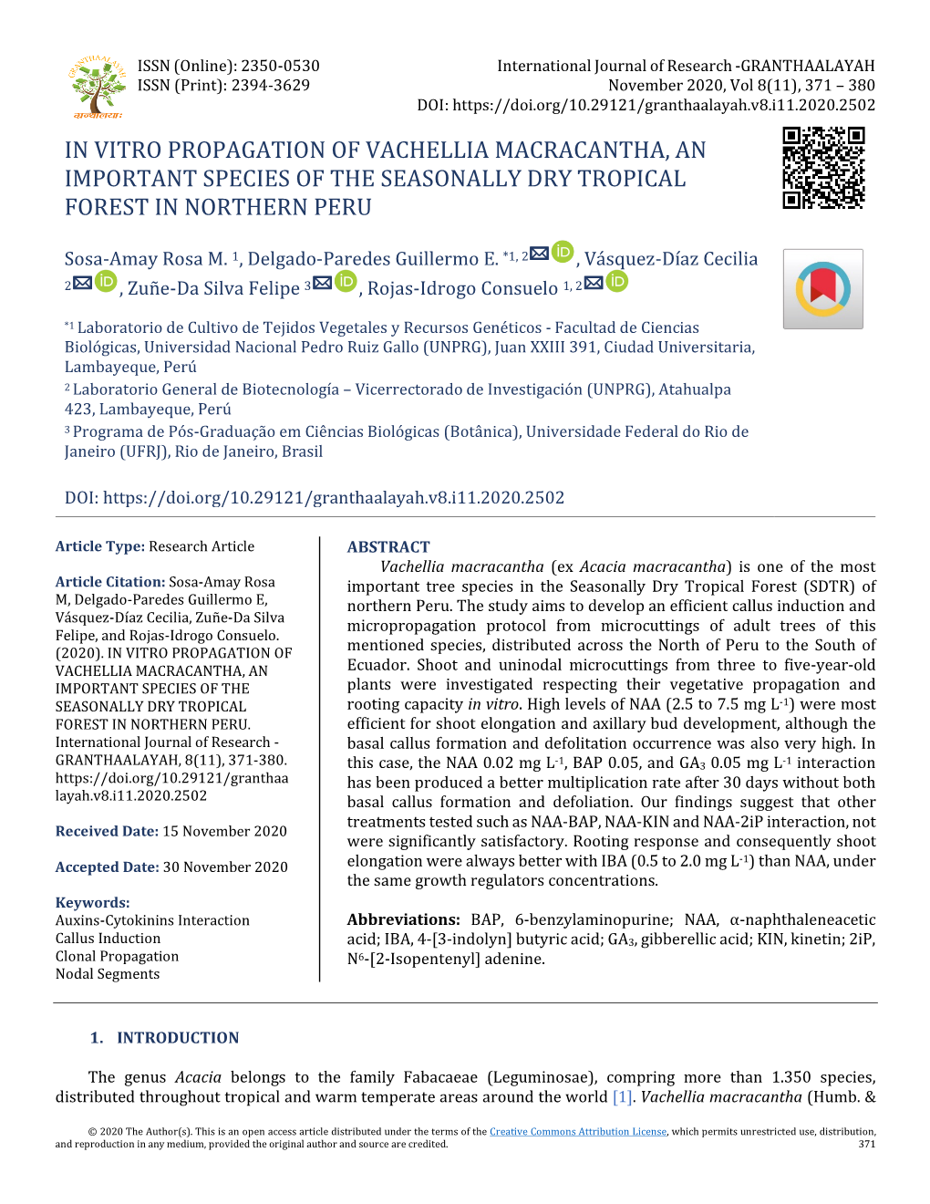 In Vitro Propagation of Vachellia Macracantha, an Important Species of the Seasonally Dry Tropical Forest in Northern Peru